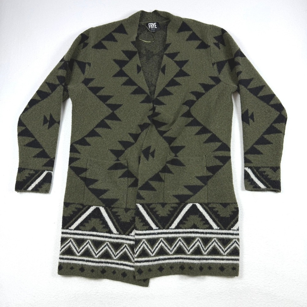 Frye Womens XL Southwestern Geometric Open Front Cardigan Sweater Olive Green